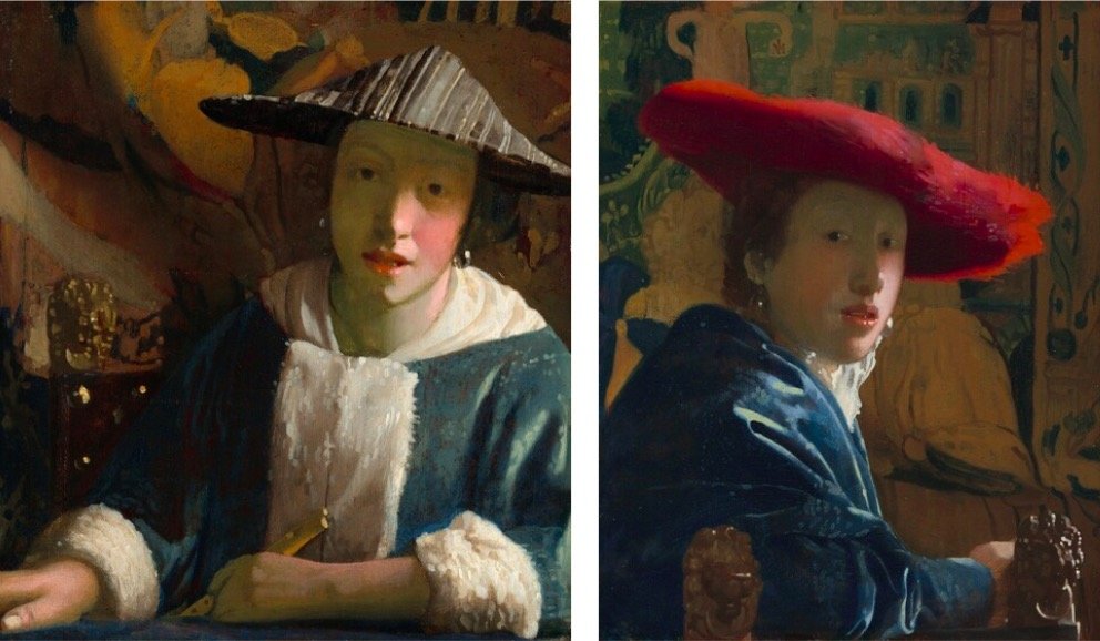 相比之下，《持笛女孩》没有《戴红帽子的女孩》的精准和控制。但对两幅作品的分析表明，它们都使用了一些相同的独特颜料，可能创作于同一间画室。