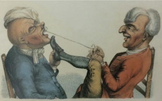 蒂姆·鲍宾（Tim Bobbin）手绘彩色讽刺漫画系列，《笑声和实验》（Laughter & Experiment，1773年绘），其中拔牙匠以十分夸张的方式拔牙。