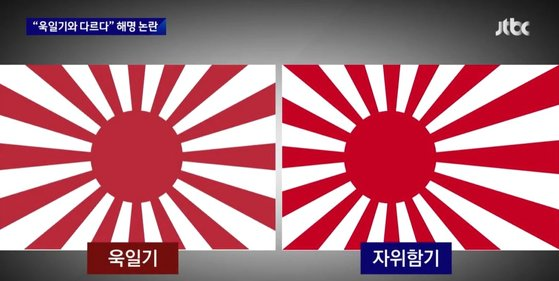 日本“旭日旗”(图左)和日本海上自卫队队旗(图右)图自韩媒