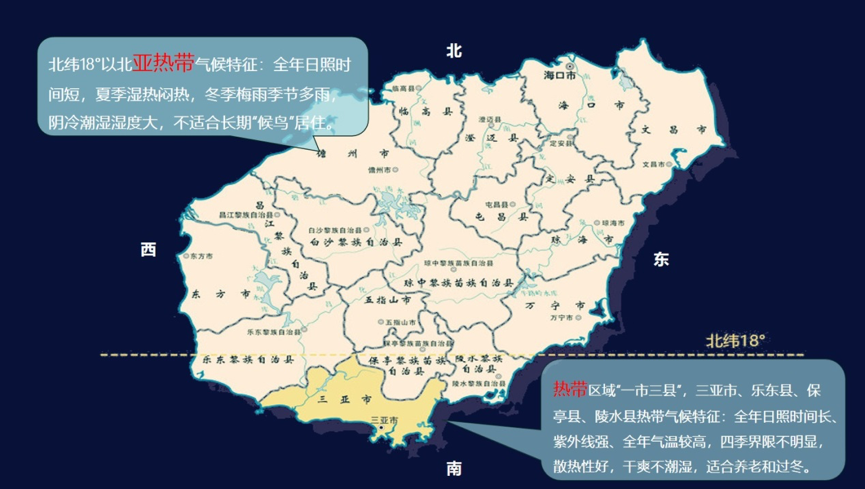 该地图以北纬18°为界,将海南岛划分为两个板块,其中北纬18°以南仅