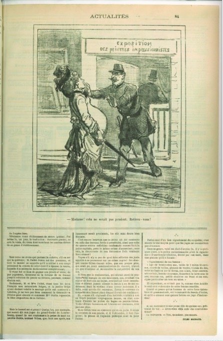 1877年4月18日出版的《Le Charivari》上刊登了一幅讽刺漫画，一位孕妇欲参观印象派展览被劝阻。