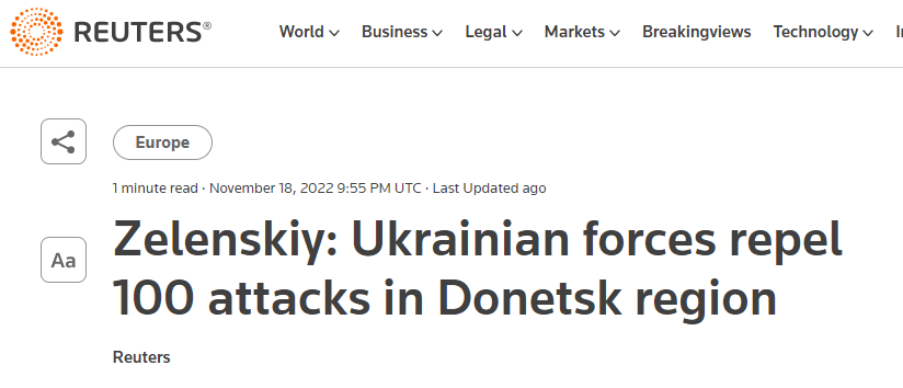 路透社：泽连斯基：乌克兰军队在顿涅茨克地区击退了100次袭击