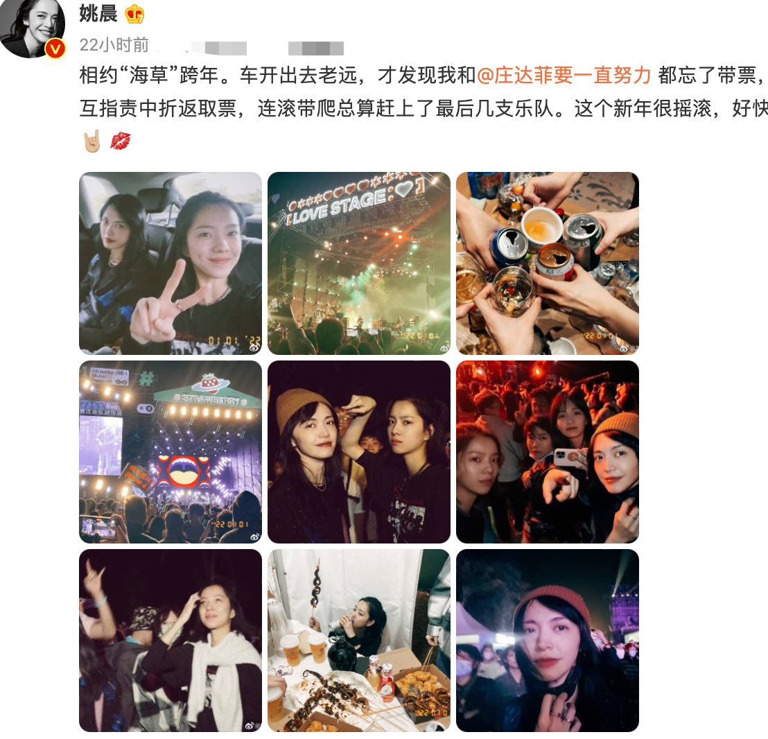 姚晨与好友庄达菲一起跨年看摇滚演出兴奋大笑
