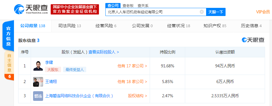 联合创始人王清翔卸任人人车法定代表人