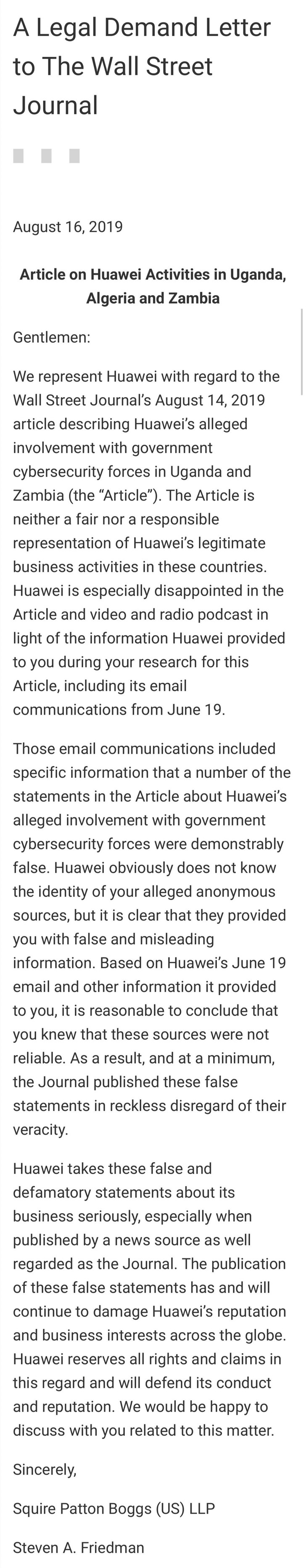 华为就《华尔街日报》问题文章向其发送律师函