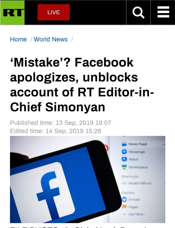 封杀今日俄罗斯主编，Facebook道歉：我们犯了个错误
