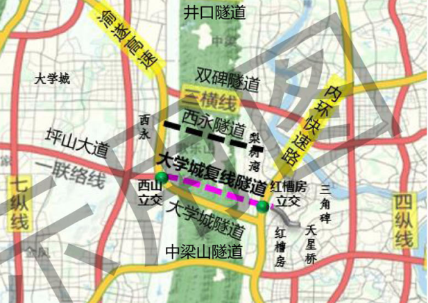 大学城复线隧道位于沙坪坝覃家岗街道,天星桥街道和西永街道,西接坪山