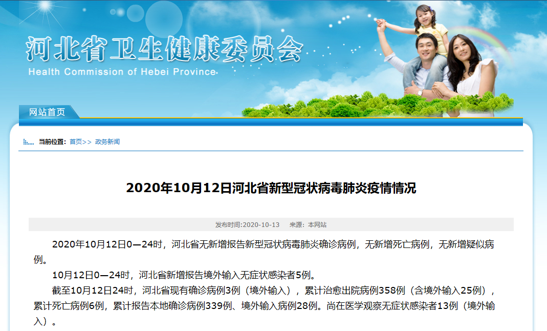 |10月12日河北省无新增报告新冠肺炎确诊病例