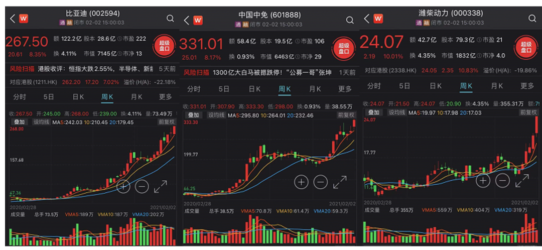 比亚迪上涨8.35,报267.5元.中国中免上涨8.17,报331.01元.