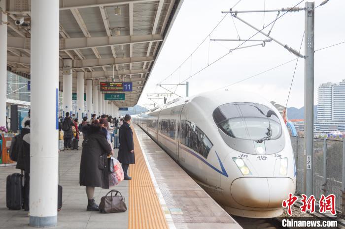 3月2日,江西上饶火车站一列动车进站,旅客在站台上排队等候上车.