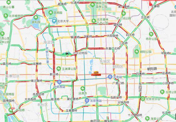 目前北京交通严重拥堵二环三环四环全线飘红