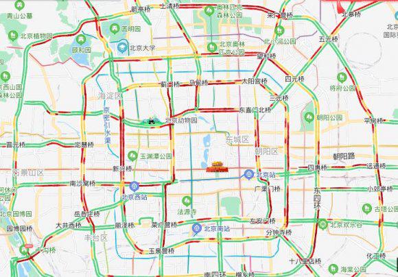 目前北京交通严重拥堵 二环,三环,四环全线飘红