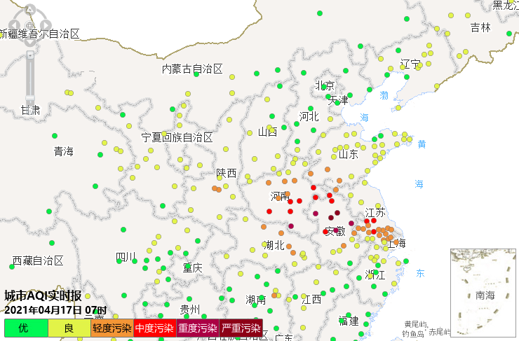 图为2021年4月17日9时全国空气质量实时报