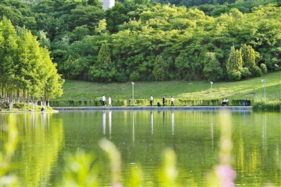 5月28日,西安市民在浐河边的雁鸣湖休闲公园内休闲.