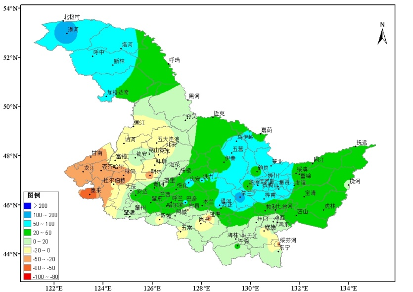 图4黑龙江省2021年春季降水量距平百分率空间分布图(%)