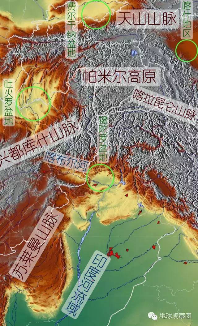 山水-地形图如下图卫星图可见,在兴都库什山北侧有另一个小型盆地