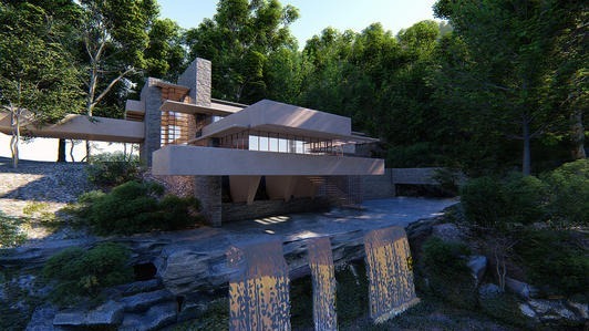 赖特设计的流水别墅独树一帜是公认的人与自然相和谐的最高建筑艺术