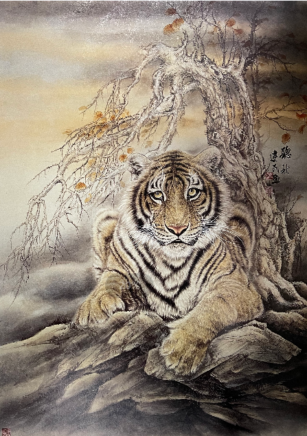 工笔虎是以工笔画的形式来对老虎为题材的创作,在中国当代画虎的名家