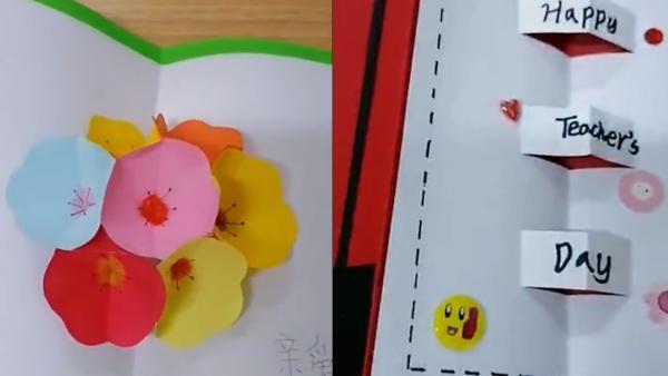 小学生亲手制作花样"爱心贺卡",教师节送老师