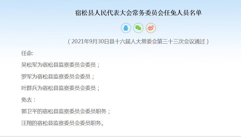 安徽宿松人大常委会决定任免人员名单涉及副县长等