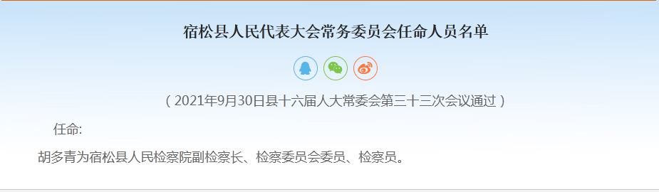 安徽宿松人大常委会决定任免人员名单涉及副县长等
