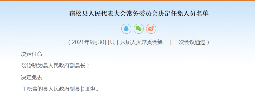 安徽宿松人大常委会决定任免人员名单 涉及副县长等