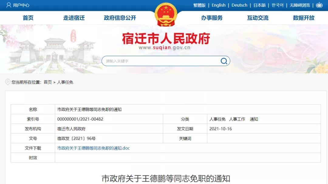 市政府关于王德鹏等同志免职的通知