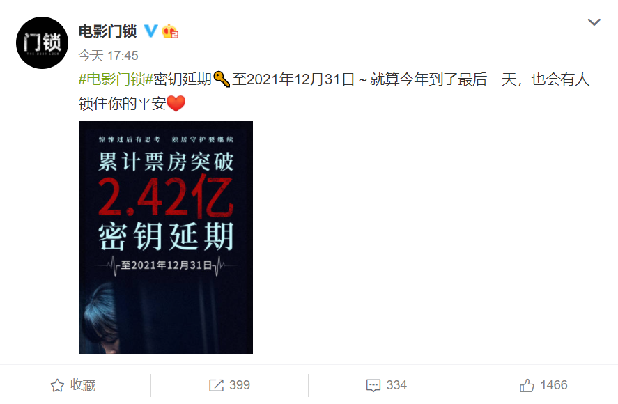 电影门锁密钥延期至12月31日目前票房已超24亿