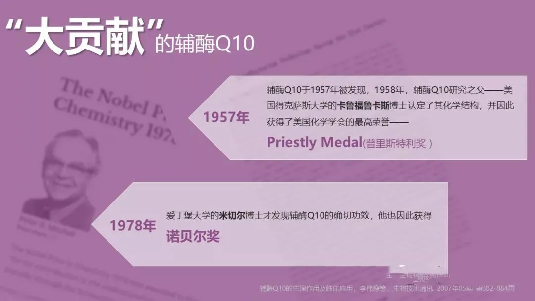 之后,1978年爱丁堡大学的米切尔博士发现辅酶q10对人体健康的作用,也