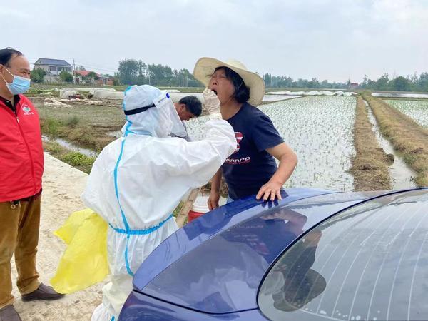 该镇组织流动采样队将核酸检测带到田间地头,在志愿者的引领下,核酸