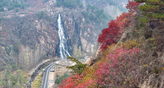 飛瀑靈動，紅葉似火！濟南黃巢瀑布奏響冬日交響曲  