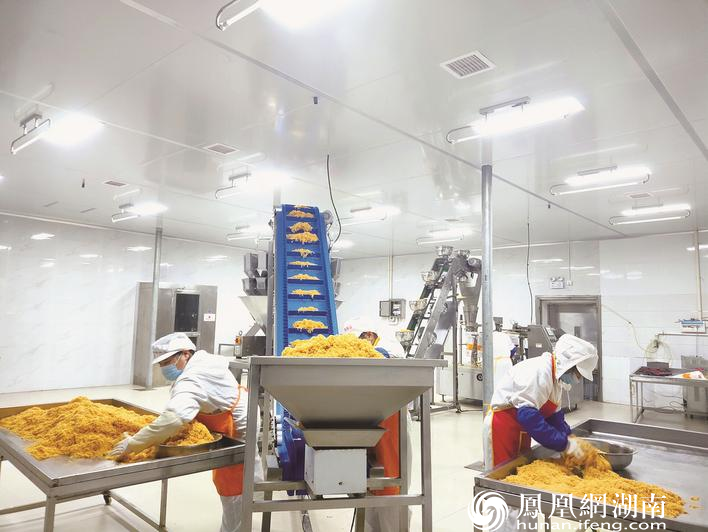 在新起点食品有限公司生产车间,工人们将制作好的肉松放入传送机斗内,以供包装。宋彬彬 摄