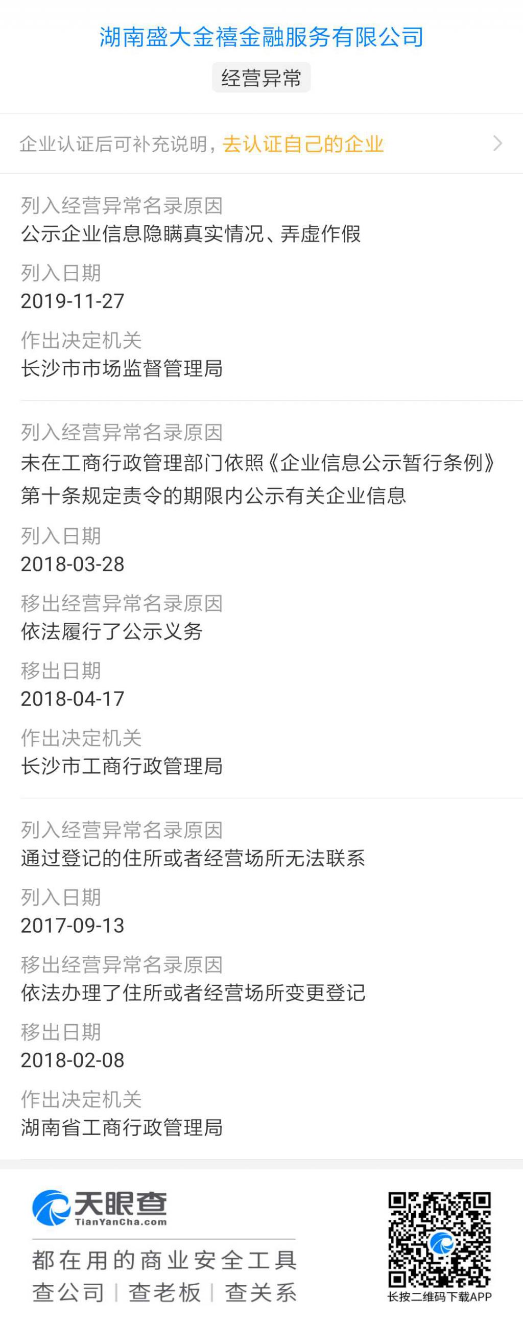 湖南盛大金禧被列入经营异常名录 隐瞒真实情况弄虚作假(图1)