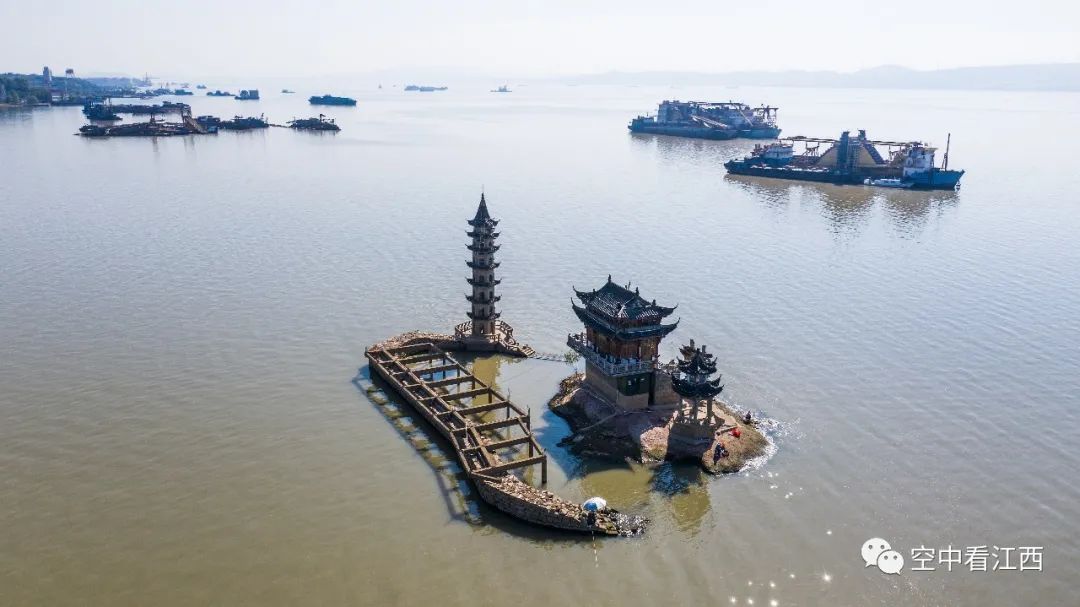 航拍江西鄱阳湖落星墩:形如星斗 历经沧桑