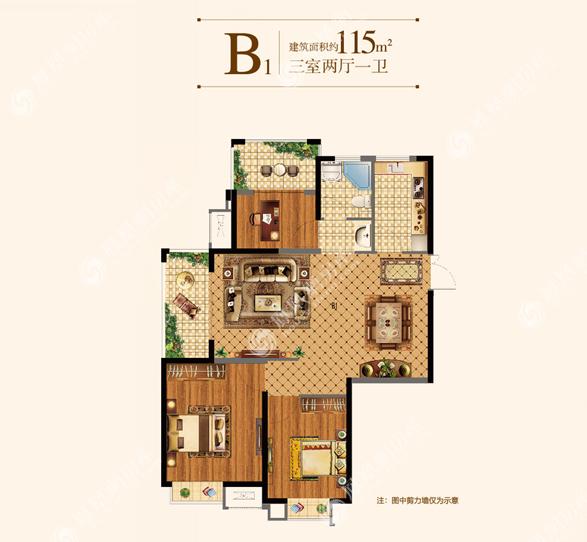 滨江雅园,滨江雅园3室2厅115㎡户型图,朝向