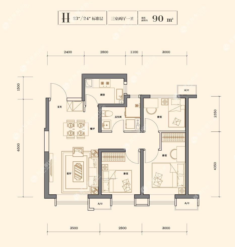 格调榴园,格调榴园3室2厅90㎡户型图,朝向-天津凤凰网房产