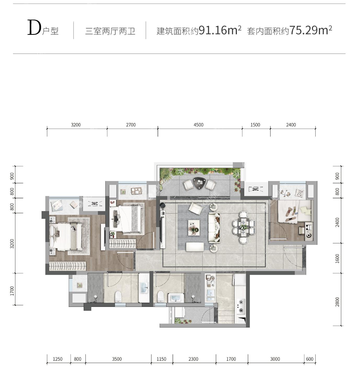 首创禧悦学府d户型,首创禧悦学府3室2厅2卫 91