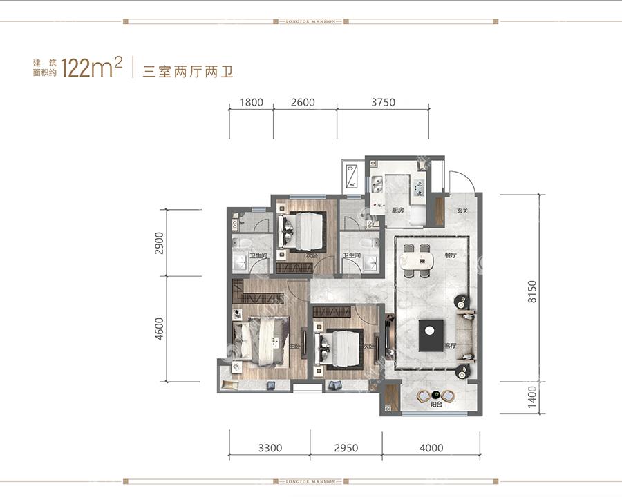 龙湖天奕122平三室,龙湖天奕3室2厅2卫 122㎡户型图,朝向-石家庄凤凰