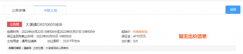 3826万起！温岭大溪镇DX030605仓储地块5月7日网拍