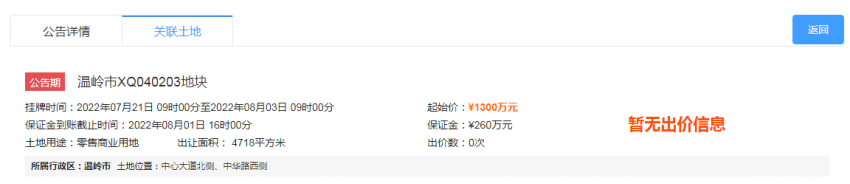 1300万起！温岭市中心大道北侧、中华路西侧XQ040203商业地块8月网拍