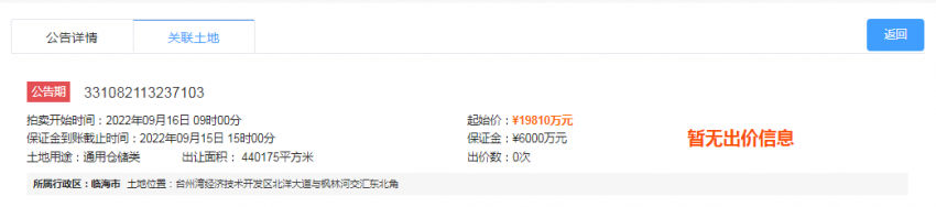 19810万起！台州湾经济技术开发区北洋大道与枫林河交汇东北角仓储用地9月网拍