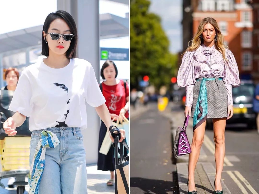 把丝巾系在腰间真是穿白t都显贵啊!