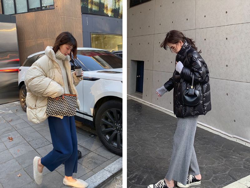 冬季老爹裤还能继续穿,要么挑加绒款,要么藏个打底,搭配羽绒服很利落.