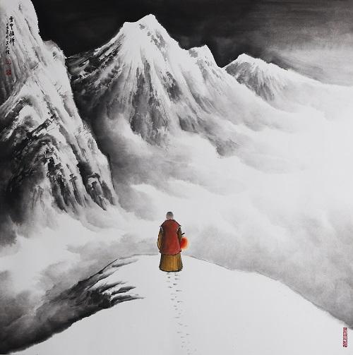 思考人生价值,在白雪茫茫的寺院中,荒原上,山涧里用一两僧人的形象