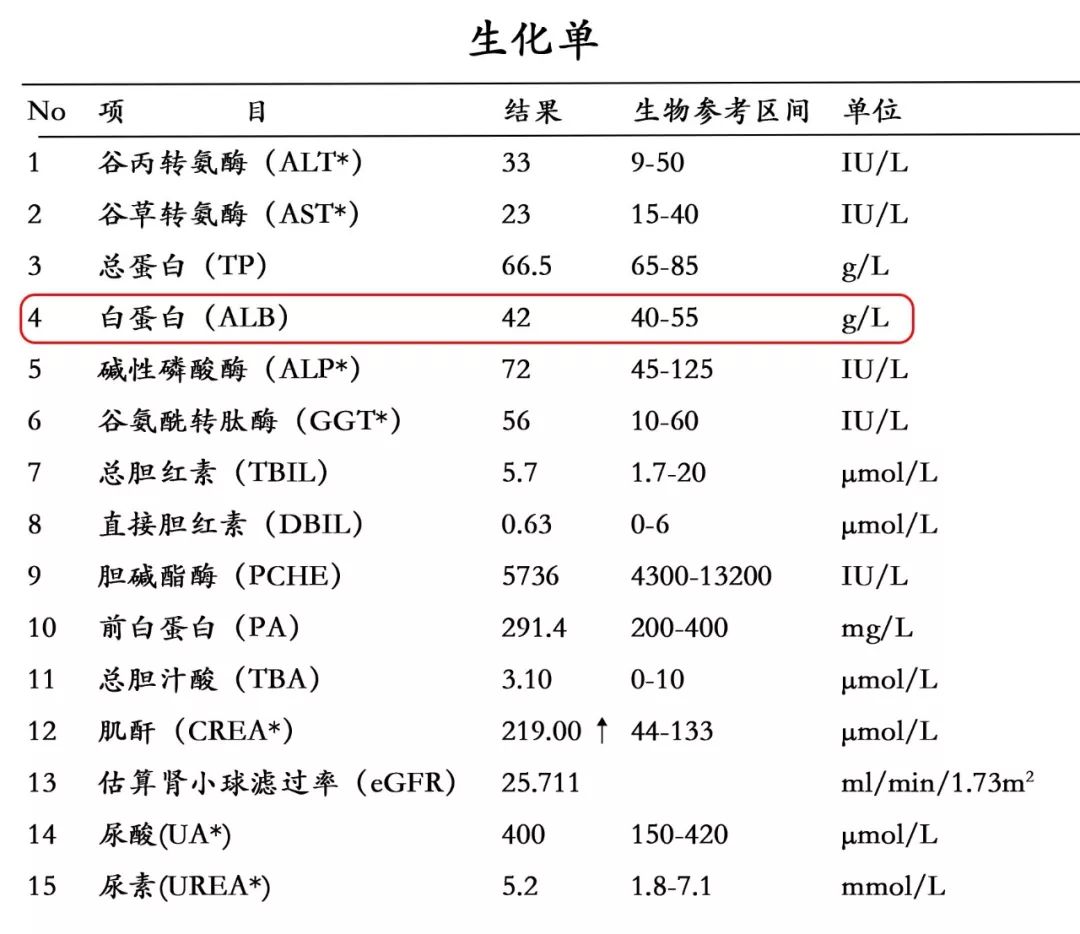 血白蛋白肾科最关注的几个指标如血肌酐,电解质,都在生化单里.