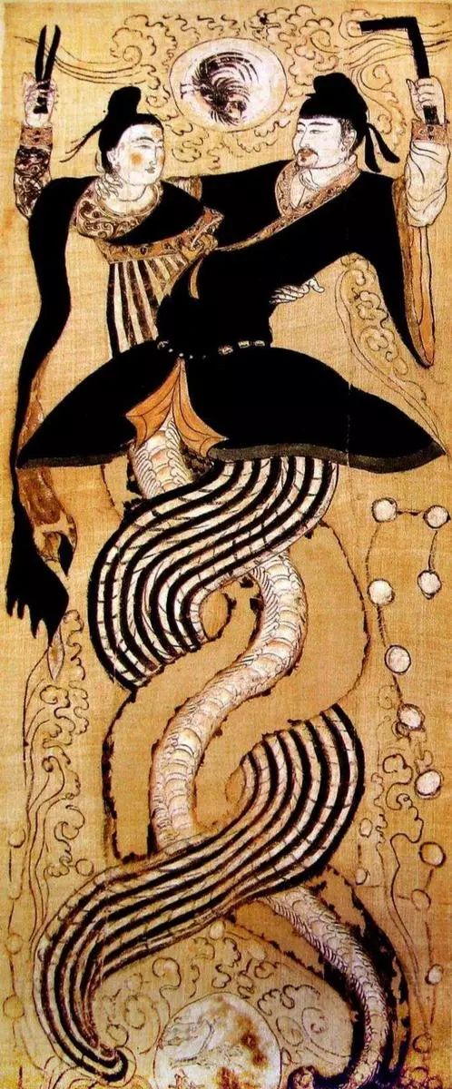 有幅画,面上有两个人,伏羲在右边,下身鳞尾环绕,脑袋向左,女娲在左边