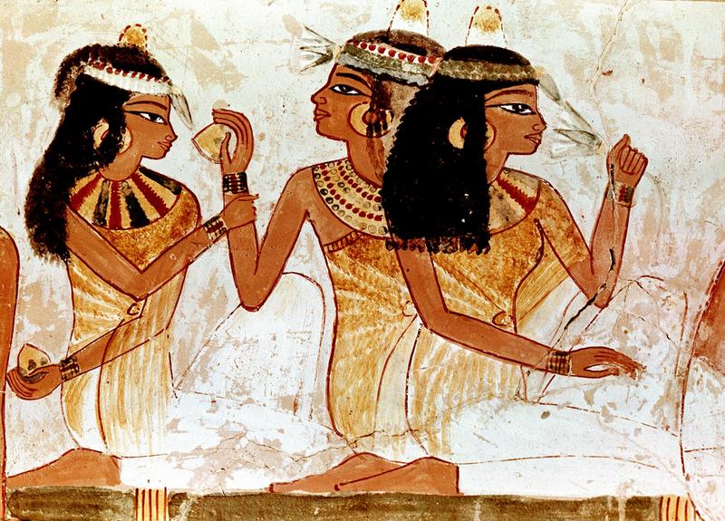 古埃及纳赫特墓壁画:三位女性正在为一场盛宴化妆古埃及人——化妆品