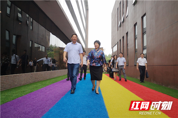 艾华集团总裁王安安(右)陪同湖南省上市公司协会秘书长王靖夫(左)参观
