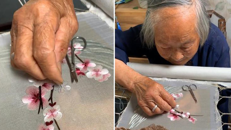 95歲老繡娘5歲開始刺繡到現在一針一線美哭網友