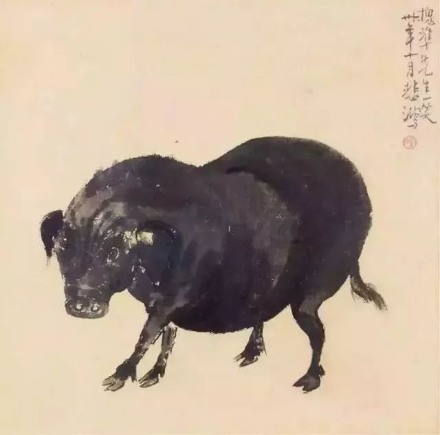 徐悲鸿画墨猪浓淡刻画趣味十足